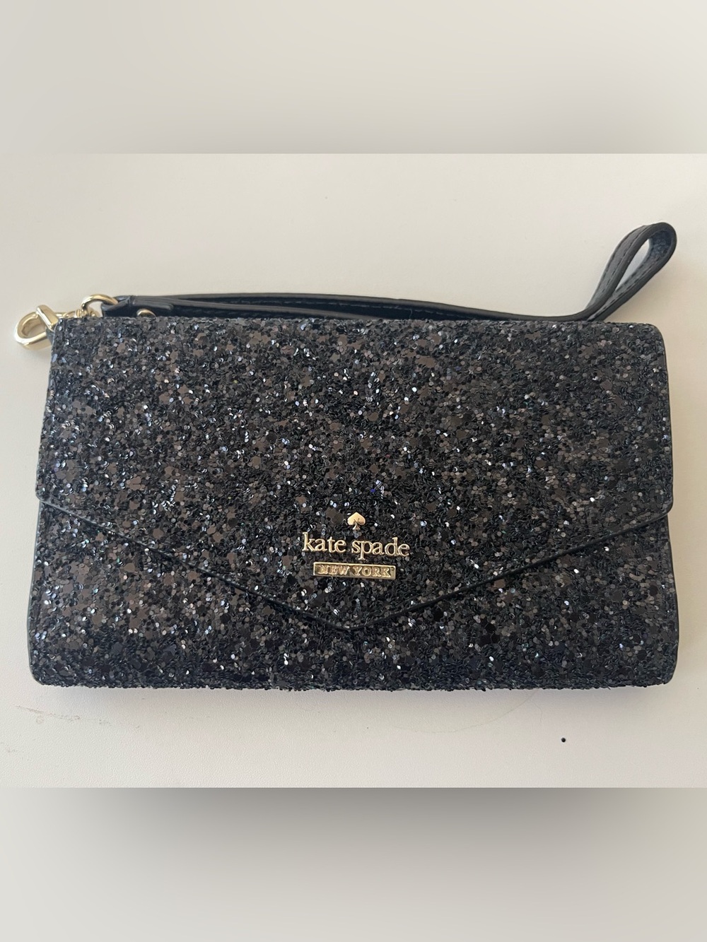 kate spade black glitter envelope wristlet clutch with gold logo